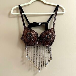 Qiaoshi Beaded Sequin Metallic Fringe Padded Bra Sz 40 A/B In Brown Black Silver